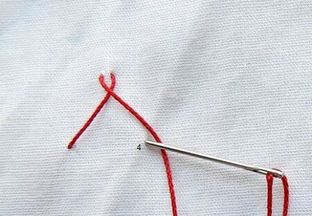 Cross the thread and bring the needle down near the first hole