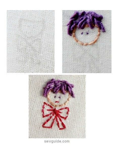 silhouette embroidery - outline the face and make bullion stitch hair