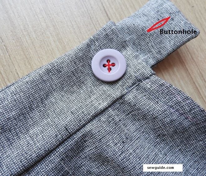 Button attached to one edge and the button hole to the projecting edge.