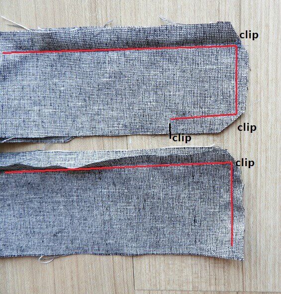 At the short edge clip the corners