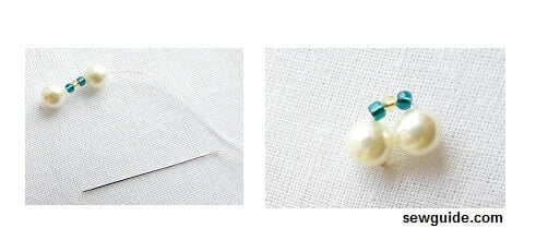 Take one pearl bead, 3 small seed beads and another pearl bead on your needle