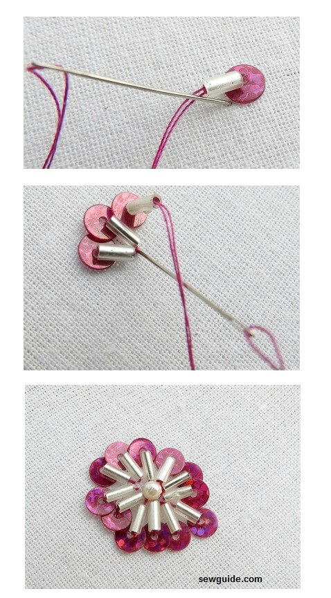 pink sequins flower with bugle beads - step by step