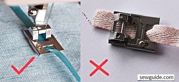 Ribbon threaded through the braiding foot -right and wrong ways