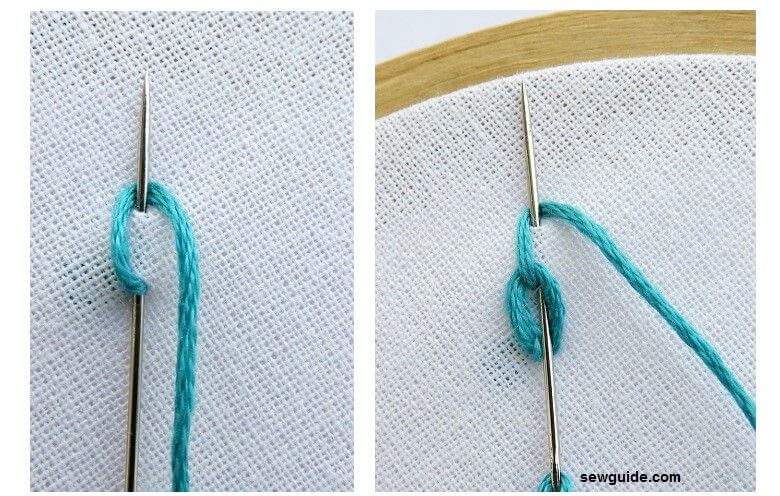 The needle is inserted and it is then brought up a little ahead ; loop thread around the needle