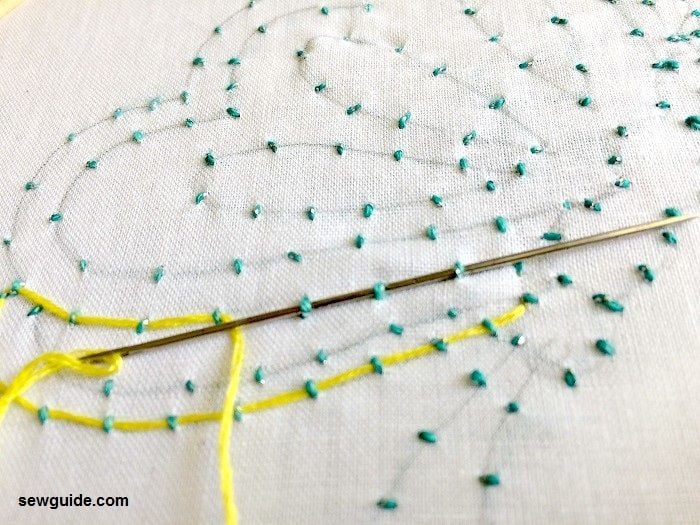 Thread needle through the small stitches you have made along the desing