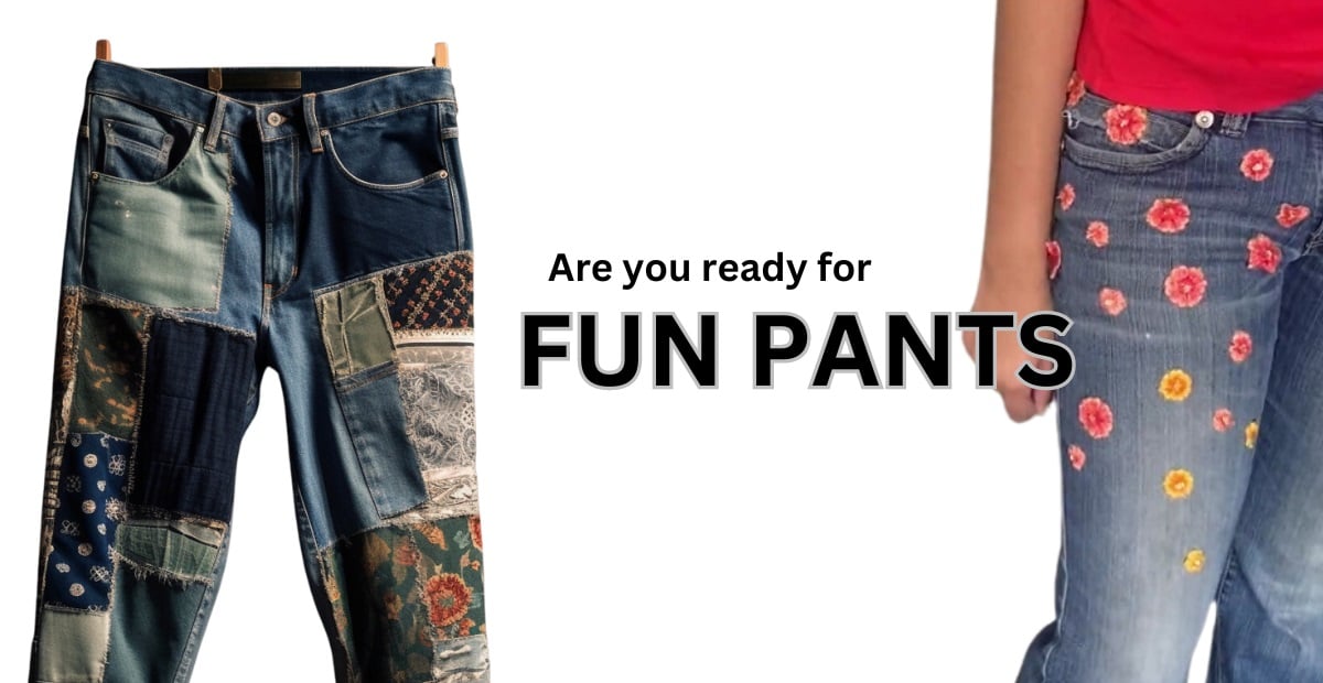 patchworked and embroidered fun pants