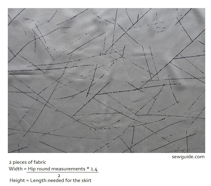 fabric with width -hip round measurement multiplied by 1.4 and then divided by 2