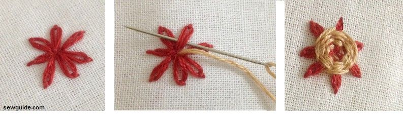 Make a spider web flower with lazy daisy stitch 