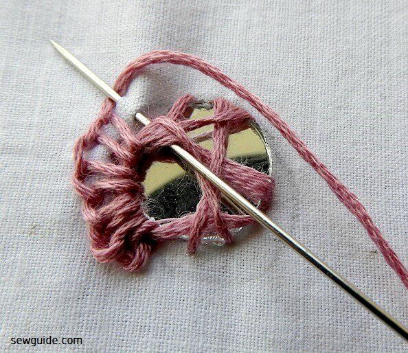 Mirror is kept on fabric and then blanket stitches are made around the mirror