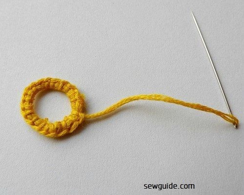 Blanket stitches made around the mirror to attach on cloth