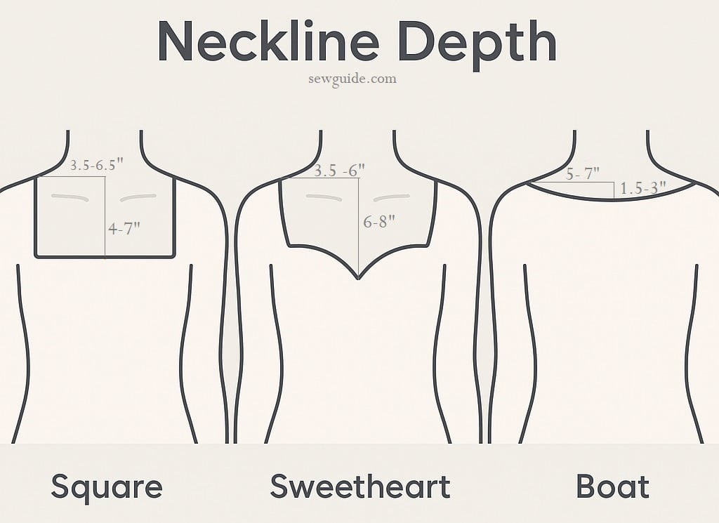 neckline depth of square, sweetheart and boat necklines