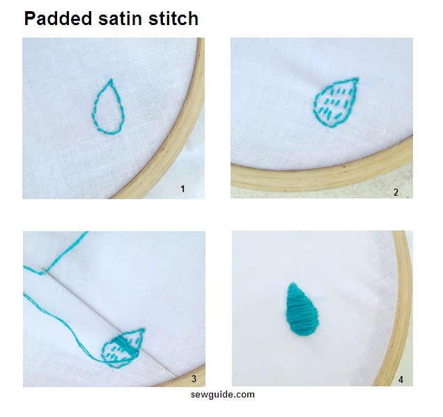 padded satin stitch is made by making small rice stitches inside the design and then making satin stitches over the design.