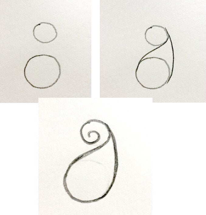 how to draw a paisley design - mark two circles first and then connect them with curved lines
