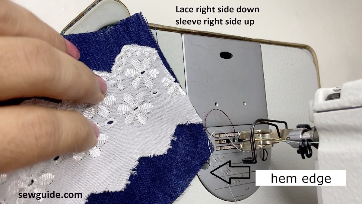lace right side down on the sleeve edge