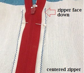 zipper kept face down on the open seam at the back
