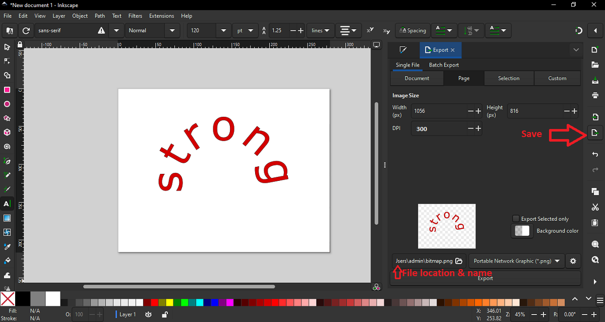 Button on inkscape to save the design of letters